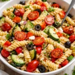 Colorful and fresh pasta salad with vegetables and dressing in a bowl.