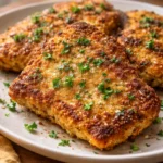 Crispy air fryer Parmesan crusted chicken served on a plate with herbs