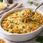 Delicious rotisserie chicken casserole served in a baking dish