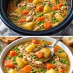Bowl of rustic chicken slow cooker stew with vegetables and herbs