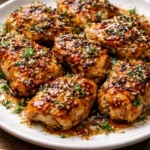 Plate of sticky honey garlic chicken garnished with green herbs