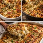 Delicious creamy chicken casserole topped with herbs and served in a baking dish.
