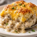 Delicious Biscuits and Gravy Casserole topped with savory sausage and creamy gravy.