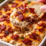 Delicious caramelized onion dip topped with crispy bacon