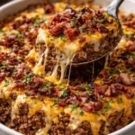 Cheesy Loaded Meatloaf Casserole topped with melted cheese and fresh herbs