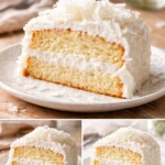 Delicious Coconut Cloud Cake slice garnished with coconut flakes