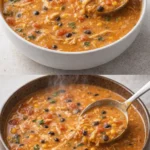 Bowl of creamy chicken tortilla soup garnished with tortilla strips and herbs