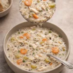 Bowl of Crockpot Chicken and Wild Rice Soup garnished with herbs