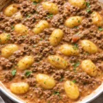 Delicious ground beef gnocchi served with creamy tomato sauce.