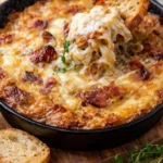 Delicious hot caramelized onion dip topped with bacon and Gruyere cheese