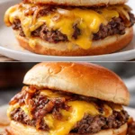 Oklahoma fried onion burgers topped with crispy onions and served with condiments