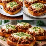 Open Face Garlic Toast Sloppy Joes topped with savory meat and melted cheese