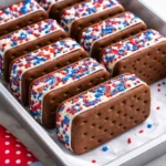 Delicious patriotic ice cream sandwiches decorated for summer celebrations.