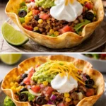 Colorful taco salad bowls filled with fresh ingredients and toppings.