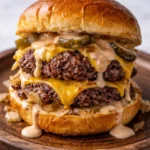 Delicious Smash Burger with toppings and garnishes