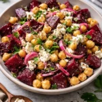 Chickpea Beet and Feta Salad in a bowl with colorful ingredients