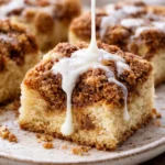 Delicious homemade coffee cake served on a wooden table with coffee cup