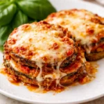 Crispy zucchini parmesan dish served on a plate with garnishes.