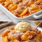 Delicious easy peach cobbler fresh out of the oven, topped with vanilla ice cream.