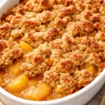 Delicious homemade Peach Cobbler with golden crust and fresh peaches