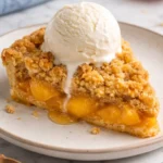 Delicious homemade peach crumble topped with golden brown crust