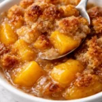 Delicious homemade Southern peach cobbler served warm with vanilla ice cream