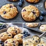 Freshly baked blueberry muffins with blueberries on a wooden table