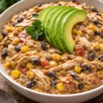 Crock Pot Fiesta Chicken served with colorful toppings and garnishes
