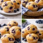 Freshly baked homemade blueberry muffins with blueberries and a golden crust