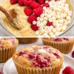 Freshly baked white chocolate raspberry muffins with a golden crust